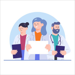 Vector Illustration Flat Style Set of Doctors Characters with Blank Empty Space Sign