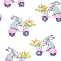 Cute seamless pattern watercolor cartoon bunny on pink bike with bouquet yellow flowers. Kids illustration. For baby textile, fabric, print and wallpaper.