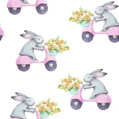Behang Schattig naadloze patroon aquarel cartoon konijntje op roze fiets met gele boeket bloemen. Kinderen illustratie. Voor babytextiel, stof, print en behang. © Tatiana 
