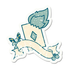 grunge sticker with banner of a flaming card