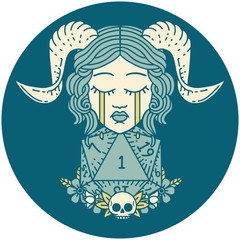 sad tiefling with natural one d20 dice roll icon