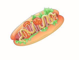 Stock vector illustration. A hot dog is drawn on a white background, in a bun a sausage with lettuce, sprinkled with mayonnaise and mustard, on top are pieces of tomato