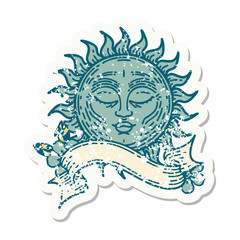 grunge sticker with banner of a sun