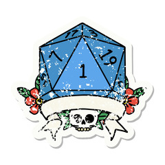 natural one d20 dice roll grunge sticker