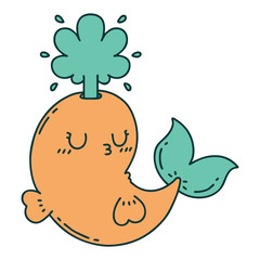 traditional tattoo style happy squirting whale character