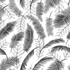 Seamless pattern with palm leaves. Tropical texture, black palm branches on a white background. Linear outline, flat design. Vector illustration, minimal motif for fabric, wallpaper, clothes, print