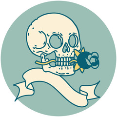 icon with banner of a skull and rose