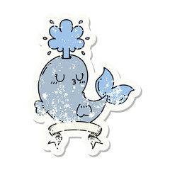 grunge sticker of tattoo style happy squirting whale character
