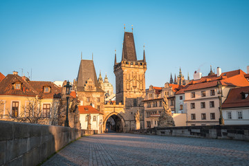 Fototapeta na wymiar Charles bridge at sunrise, Old Town bridge tower, Prague UNESCO, Czech republic, Europe - Old town
