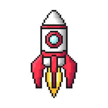 Pixel rocket icon. Vertical view. Vector graphic illustration. Isolated object on a white background. Isolate.