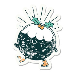 grunge sticker of tattoo style christmas pudding character walking