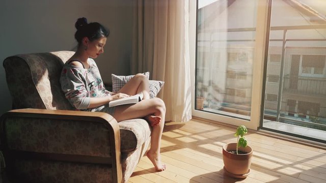 Attractive young woman is reading book sitting on armchair at home. Large window, green plants, nice interior is visible. Quarantine life, happy posistive lady. Coronavirus, covid-19, pandemic concept