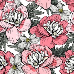 Seamless floral pattern with peonies on a white background. Vector illustration.