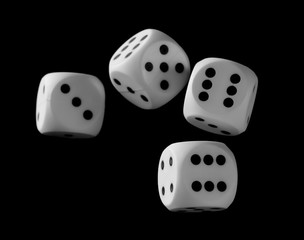 White playing, gambling die, dice for tabletop games and poker isolated on black background with clipping path