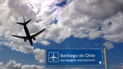 Plane landing in Santiago with signboard