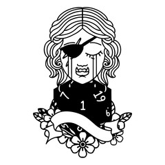 crying orc rogue character face with natural one d20 dice roll illustration