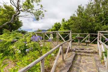 A wooden fence on the viewing point in the mountains of Madeira, Portugal