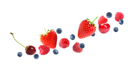Set of falling sweet berries on white background. Banner design