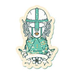 crying elf fighter character face with natural one D20 roll illustration