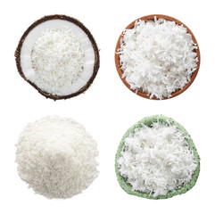 Set with fresh coconut flakes isolated on white, top view