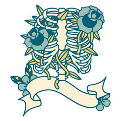 tattoo with banner of a rib cage and flowers