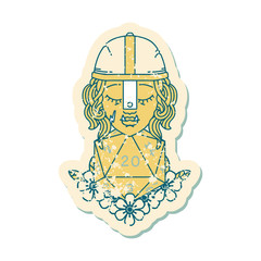 half orc fighter character with natural twenty dice roll illustration