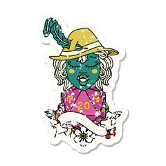 singing half orc bard character with natural twenty dice roll illustration