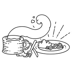 traditional black line work tattoo style breakfast and coffee