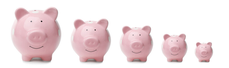 Set with pink piggy banks on white background. Banner design