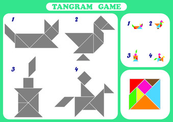 tangram game for kids, icons made with geometry shapes,  Chinese geometrical puzzle, Vector flat style cartoon illustration isolated on white background 