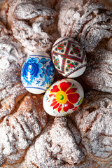 Tasty easter cake. Easter cake with chicken eggs. Kulich cake. Traditional babka. Cake for celebration. Easter bakery concept 