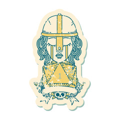 crying human fighter with natural one D20 dice illustration