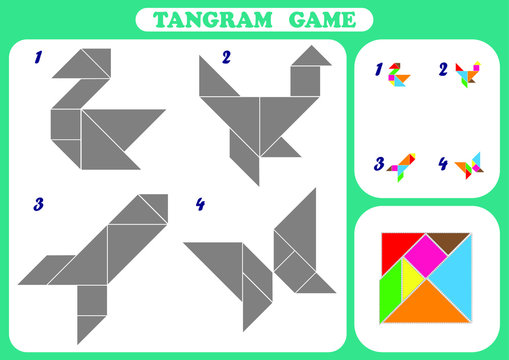 tangram game for kids, icons made with geometry shapes,  Chinese geometrical puzzle, Vector flat style cartoon illustration isolated on white background 