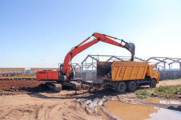 Crawler excavator at a construction site. Special machinery for earthworks. Powerful unit