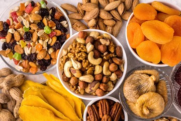 Composition dried fruits and assorted nuts.Top view
