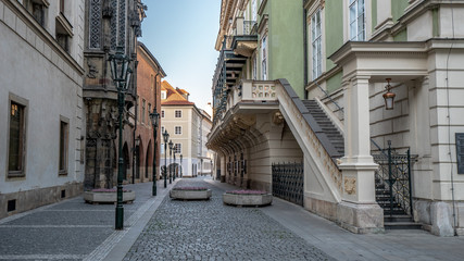 Empty streets in Prague Czechia during coronavirus outbreak. No people. 