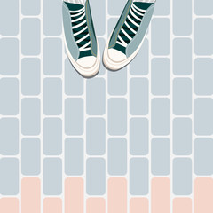 Feet on the tiles. Trainers on tile floor top down. Feet in sport's shoes standing on the ground. Trendy social media style flat lay illustration. Colorful sneakers and flourishing flooring.