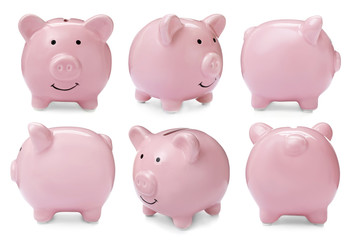 Set with pink piggy bank on white background