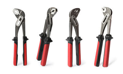 Set with adjustable pliers on white background. Construction tool