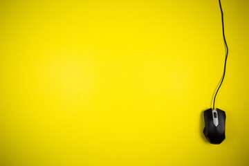 Computer yellow mouse with a long wire on a yellow background
