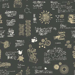 Vector seamless pattern on the theme of chemistry, microbiology, genetics, medicine in retro style. Hand-drawn background with sketches, unreadable notes, illegible entries on the black backdrop