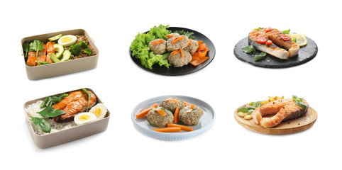 Set with delicious freshly cooked fish dishes on white background