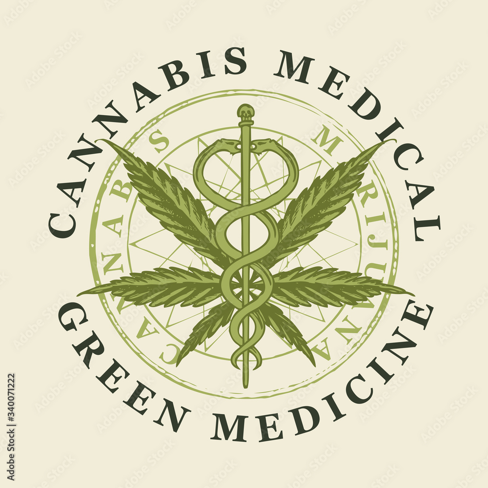 Wall mural Vector banner for medical marijuana. A round emblem with a hand-drawn hemp leaf and a caduceus with two snakes. Medical cannabis. Green medicine. A natural product made from organic hemp. Smoking weed