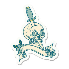 tattoo sticker with banner of a skull and dagger