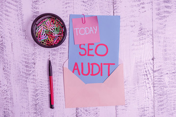Conceptual hand writing showing Seo Audit. Concept meaning Search Engine Optimization validating...