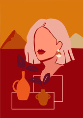 Vector woman abstract portrait. Trendy printable postcard.