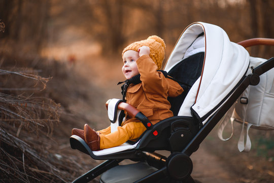 Baby boy in warm jacket and hat sitting in modern stroller on a walk in a park.
