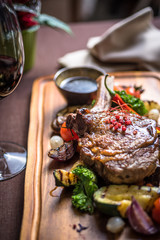 Veal Tomahawk steak with onion marmalade