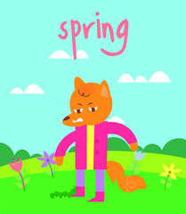 Obraz na płótnie Canvas Fox in cartoon style on spring day background. Beautiful spring flowers in the field. Colorful cartoon vector illustration.