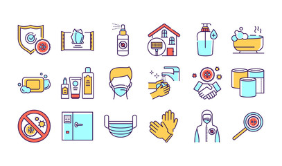 Hygiene color line icons set. Virus protection. Pictograms for web page, mobile app, promo. 